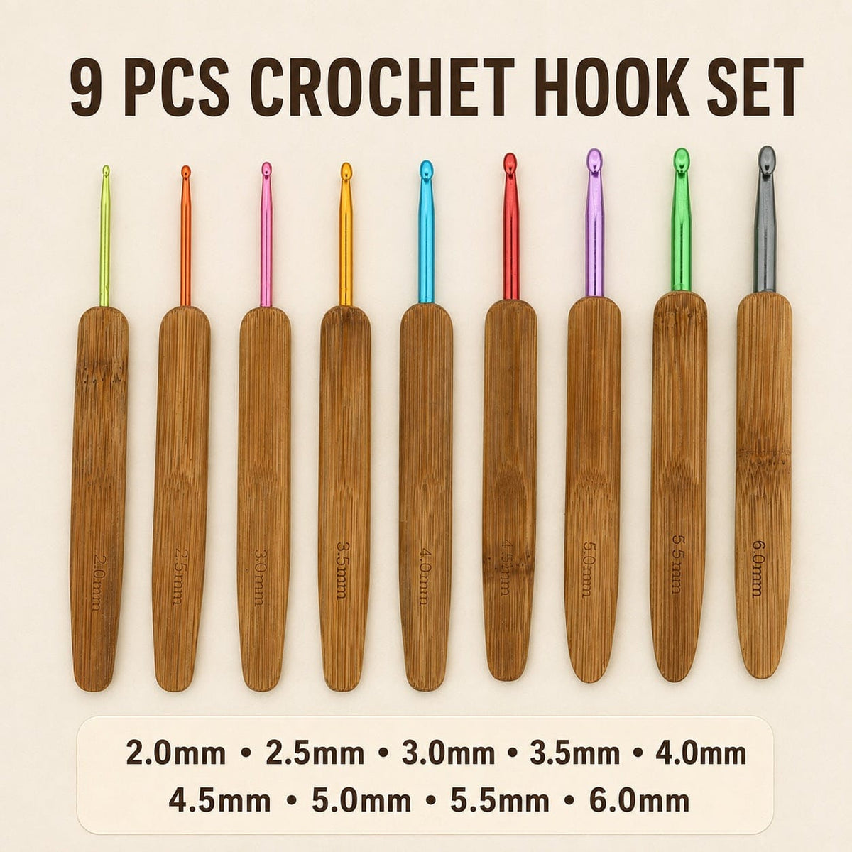 GENERIC 9 Pcs Crochet Hook Set With Bamboo Ergonomic Handles – 2.0 Mm To 6.0 Mm Assorted Sizes