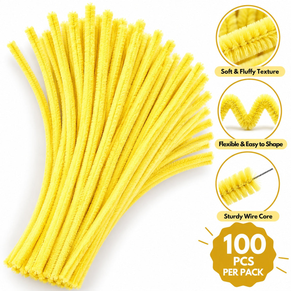 Pastel Yellow Chenille Pipe Cleaners 10MM – Pack of 100 Pcs
