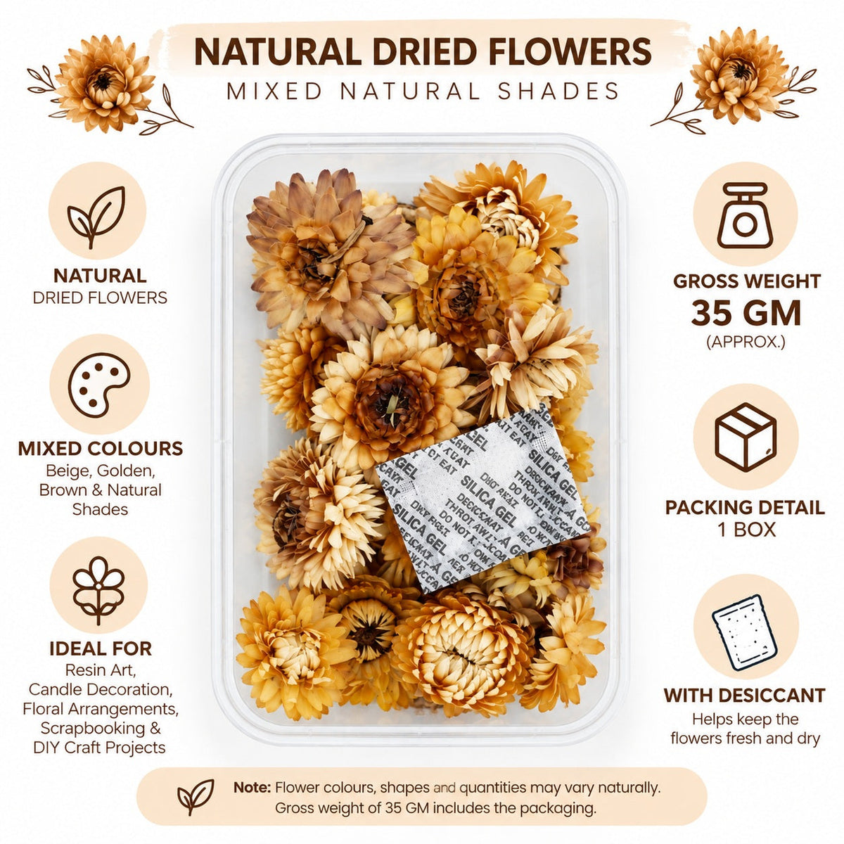 Natural Dried Straw Flowers Beige, Golden & Brown Mix for Resin Art, Floral Decoration & DIY Crafts