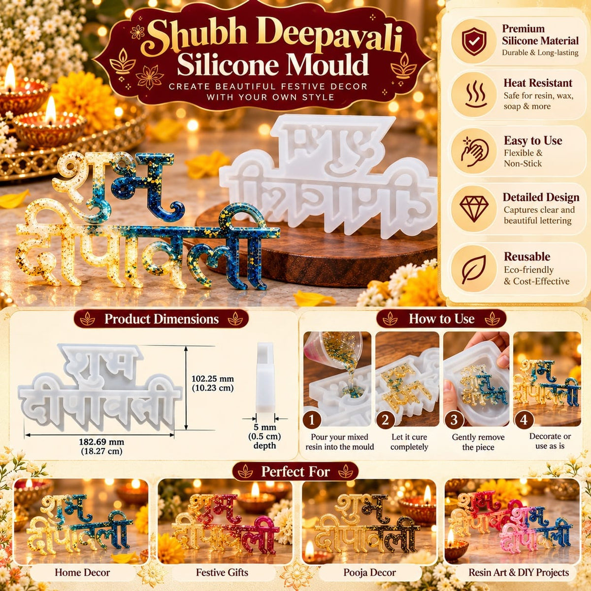 Shubh Deepavali Hindi Text Silicone Mould – 18.27 × 10.23 CM | Festive ...