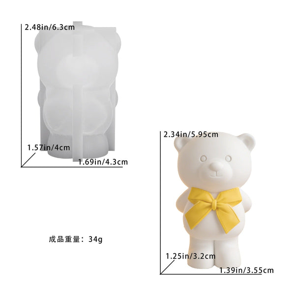 3D Cute Teddy Bear with Bow Silicone Mould – Standing Bear Figurine Mould