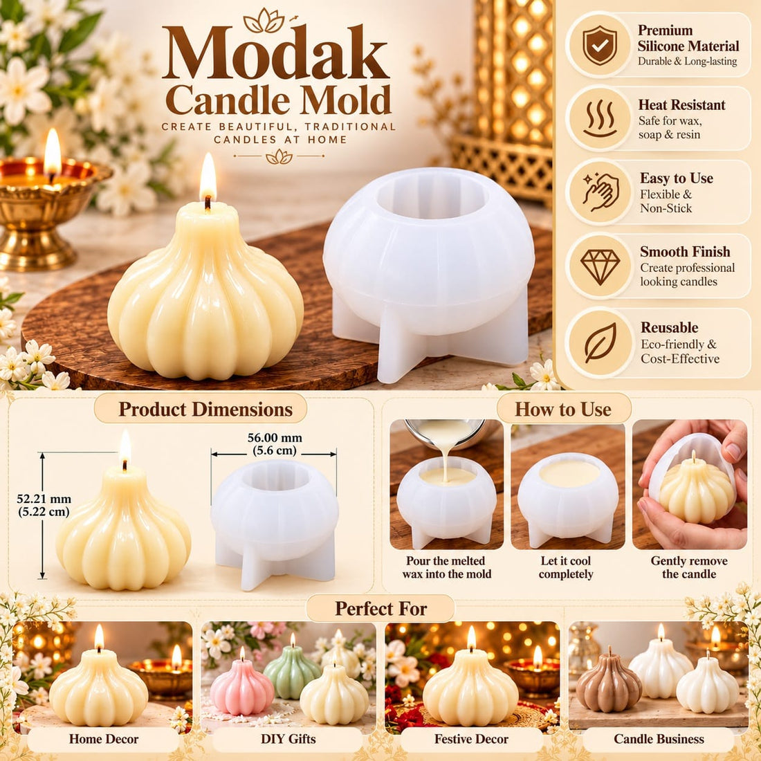 Modak Shape Silicone Candle Mould – 5.6 CM | Traditional Modak Design for Candle Making 47226