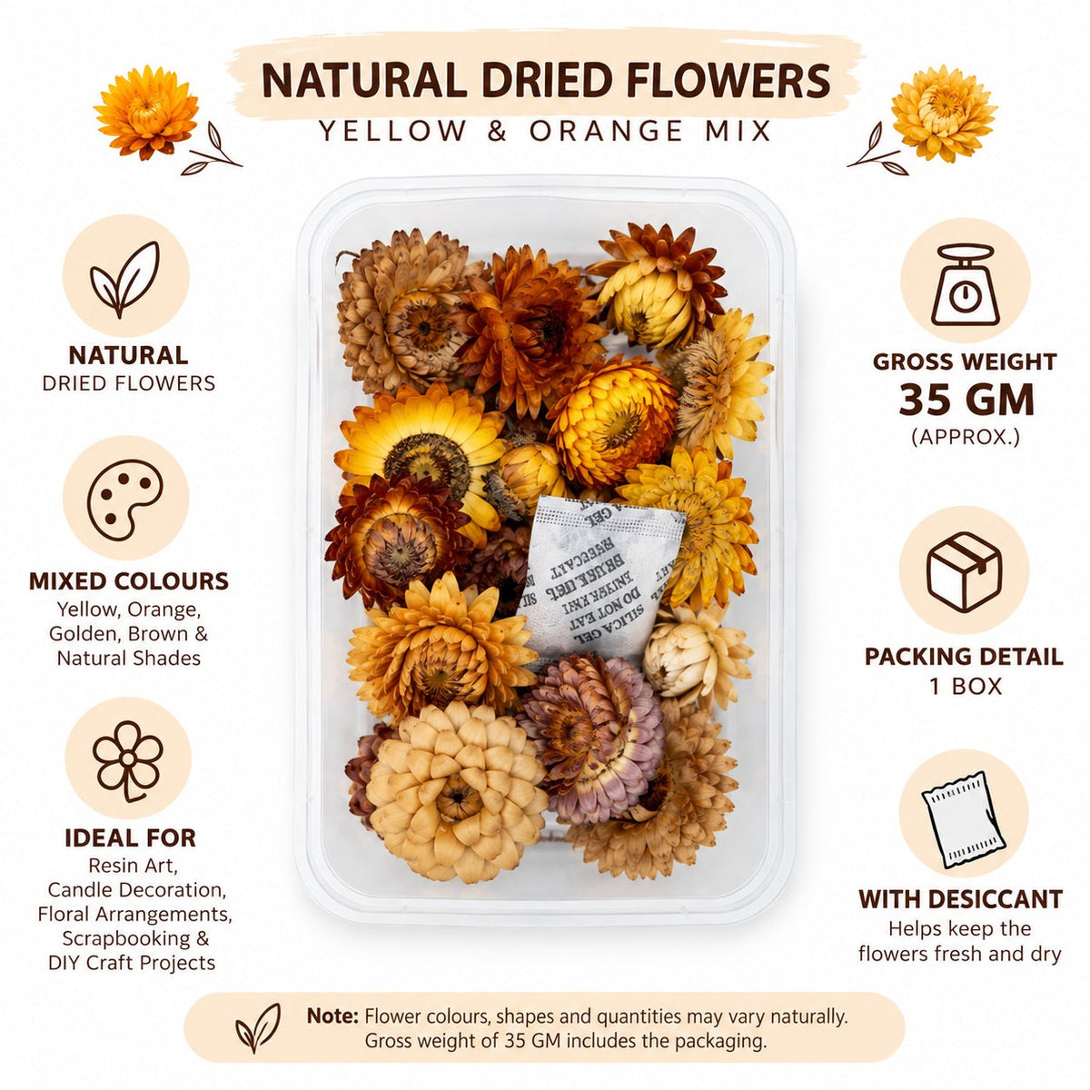 Natural Dried Straw Flowers Yellow & Orange Mix for Resin Art, Candle Decoration, Floral Arrangements & DIY Crafts