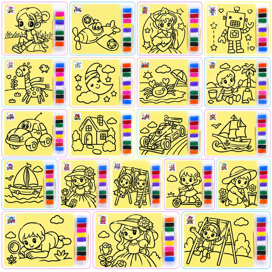 Kids DIY Colouring Art Kit with Colour Sand Strips & Cartoon Design Sheets – 27.5 × 20.5 CM | Pack of 10 Random Designs