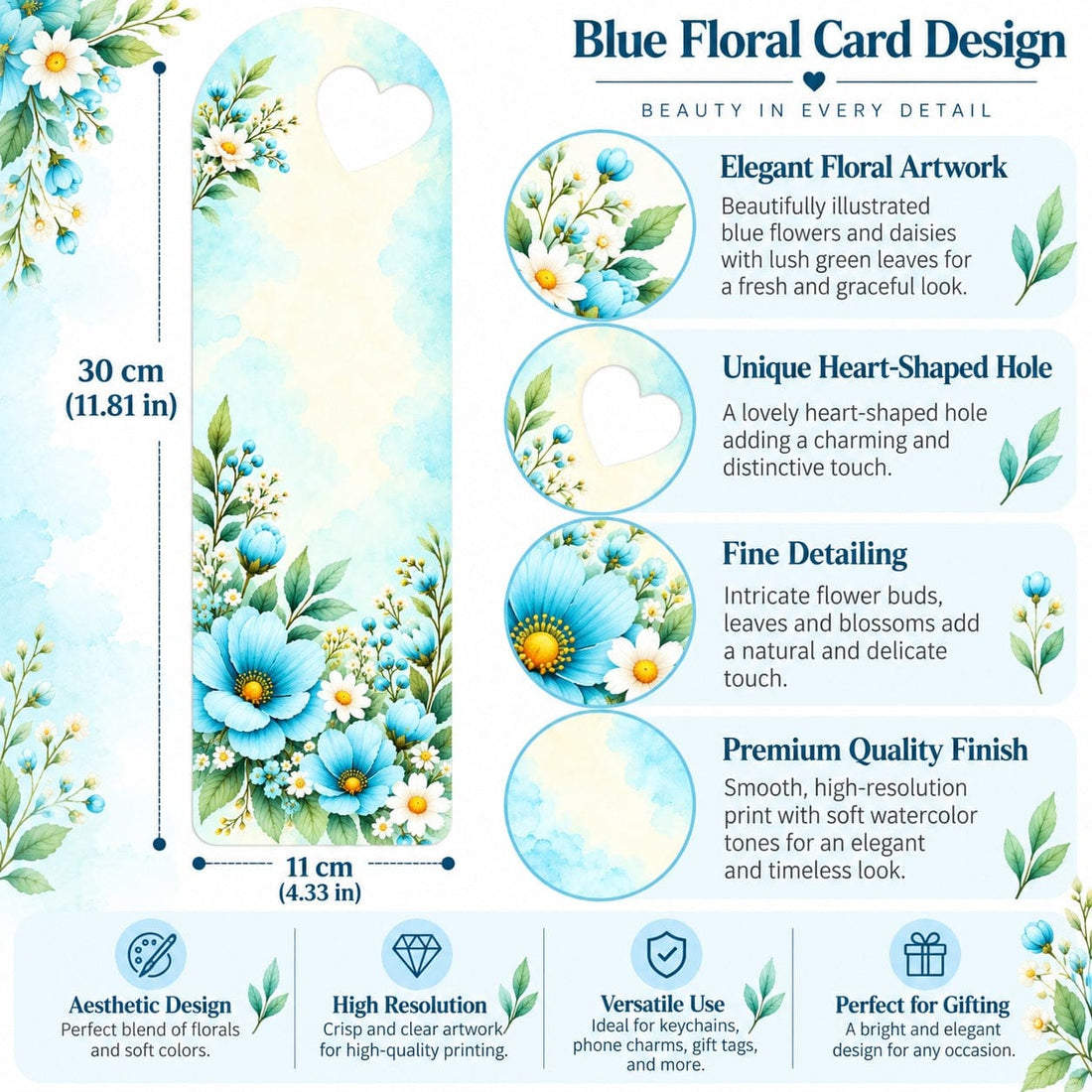 Aqua Blue Wildflower Garden Printed Flower Card with Heart Cutout for DIY Crafts & Flower Bouquets