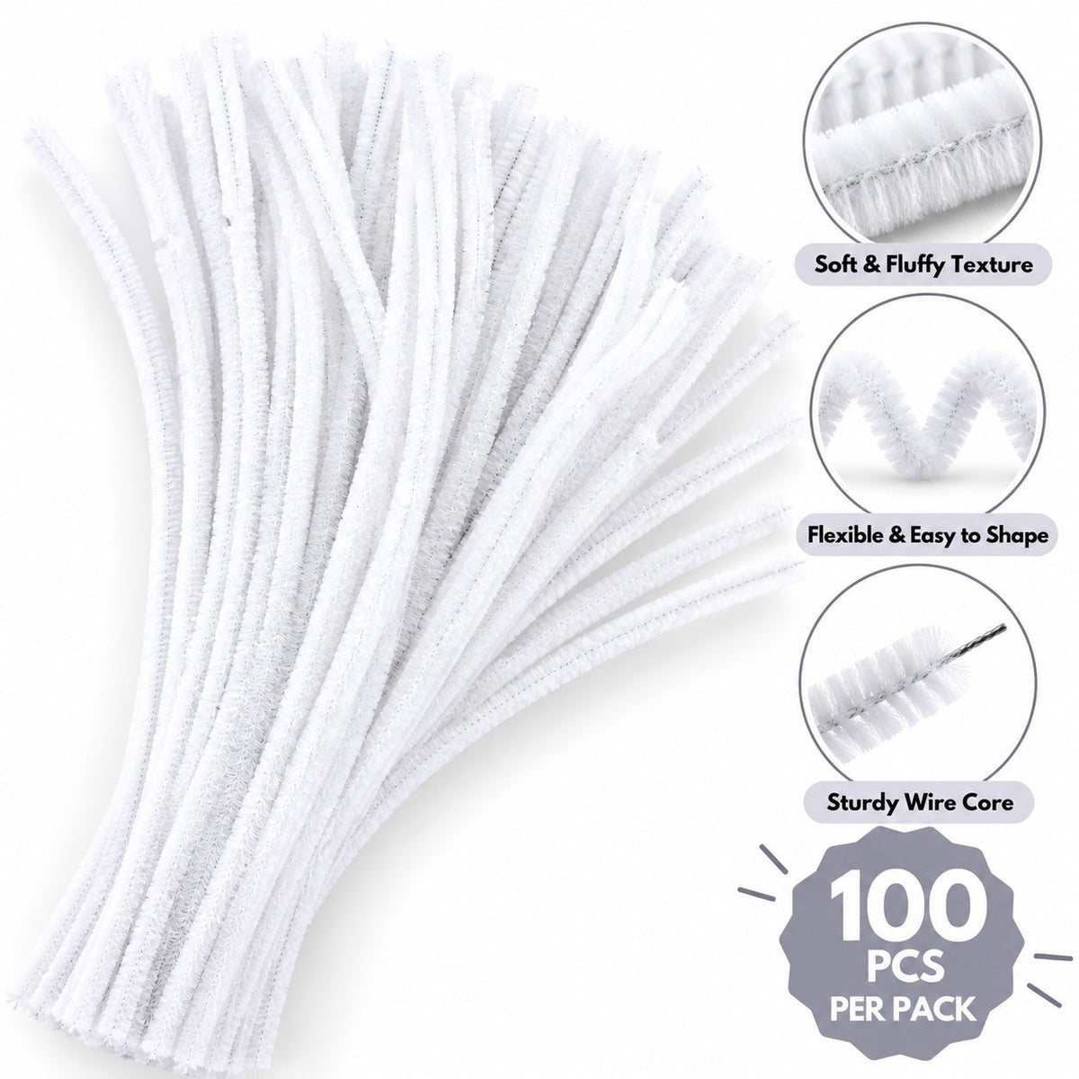 White Chenille Pipe Cleaners 10MM – Pack of 100 Pcs