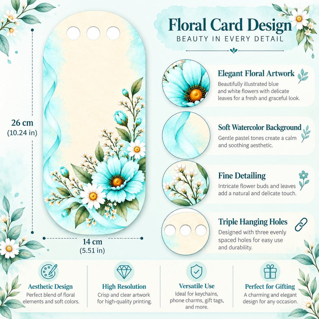 Aqua Blue & White Floral Printed Flower Card with Triple Hanging Holes for DIY Bouquets & Gift Packaging