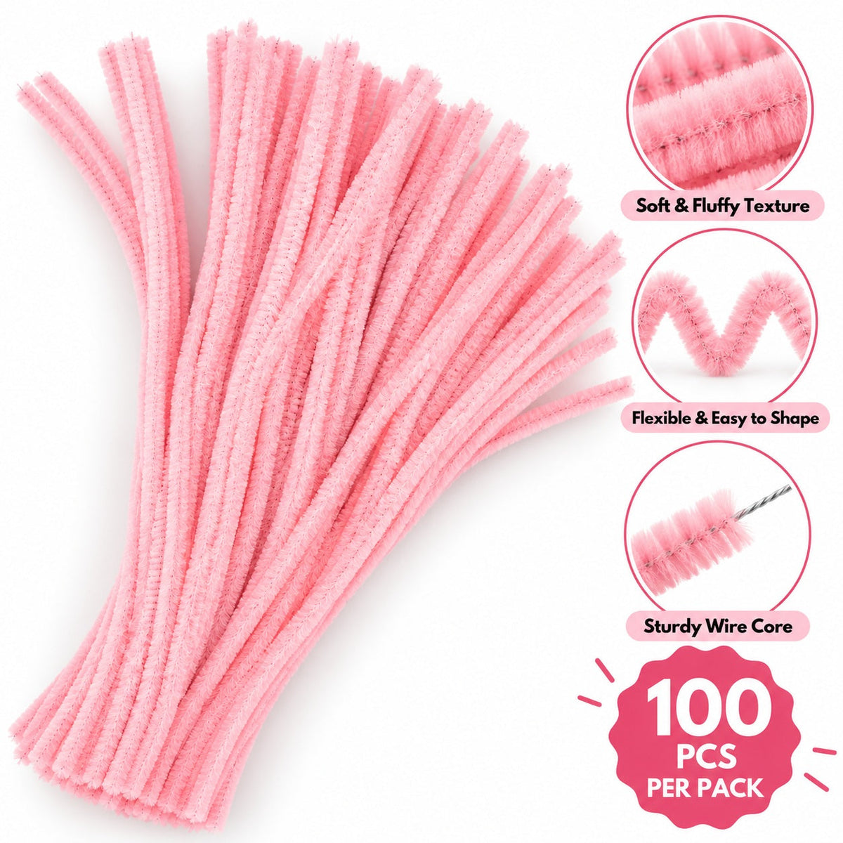 Pastel Pink Chenille Pipe Cleaners 10MM – Pack of 100 Pcs