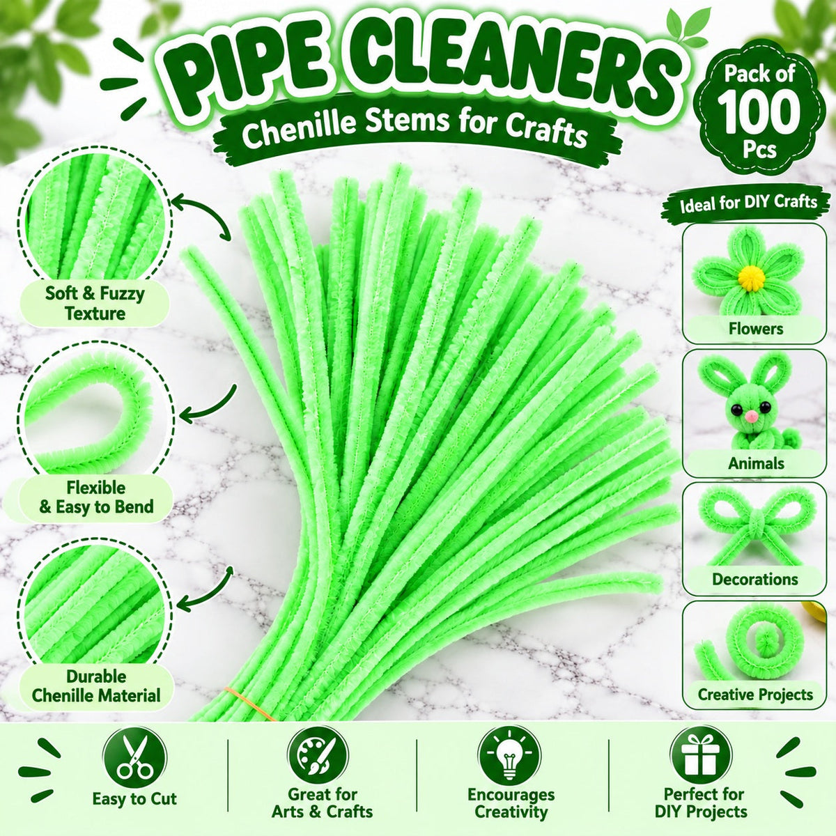 Lime Green Chenille Pipe Cleaners 10MM – Pack of 100 Pcs
