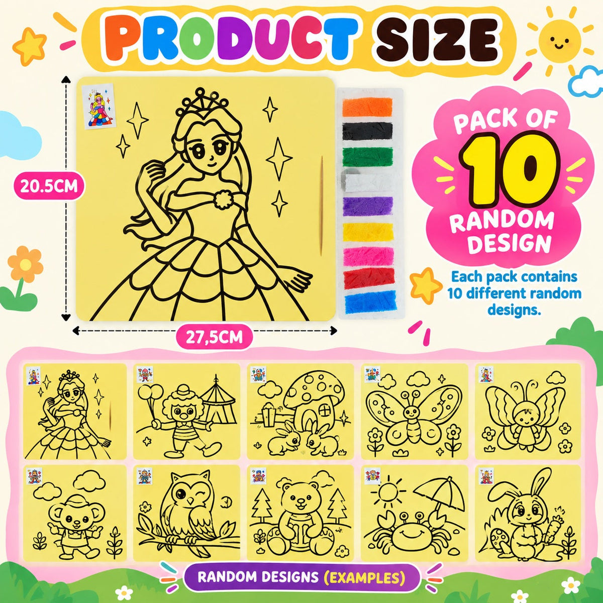 Kids DIY Colouring Art Kit with Colour Sand Strips & Cartoon Design Sheets – 27.5 × 20.5 CM | Pack of 10 Random Designs