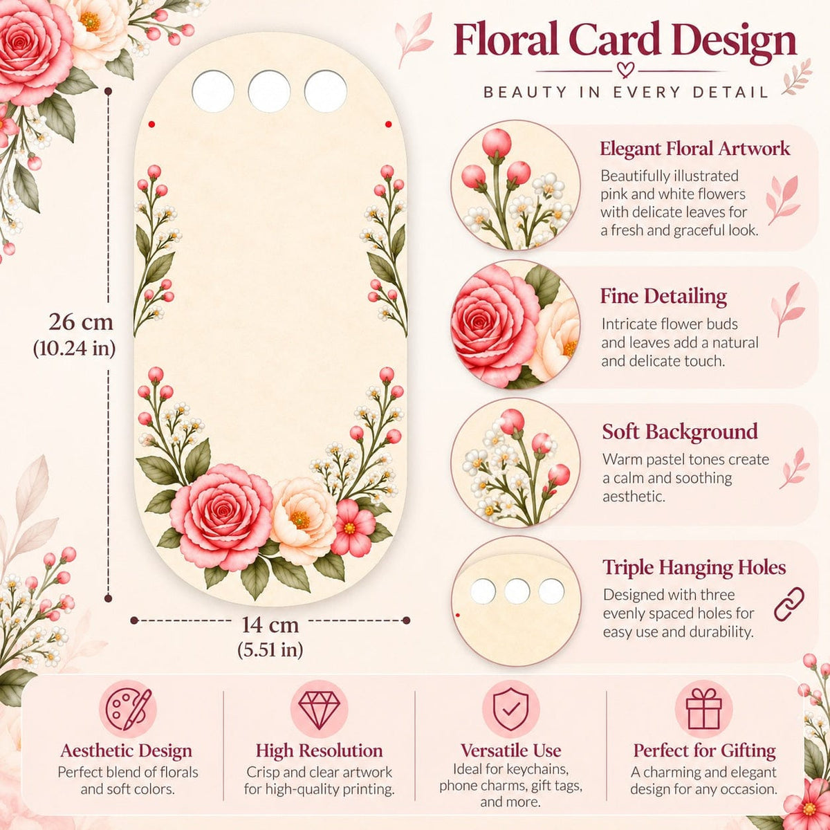 Blushing Rose Garden Printed Flower Card with Triple Hanging Holes for DIY Bouquets & Gift Packaging