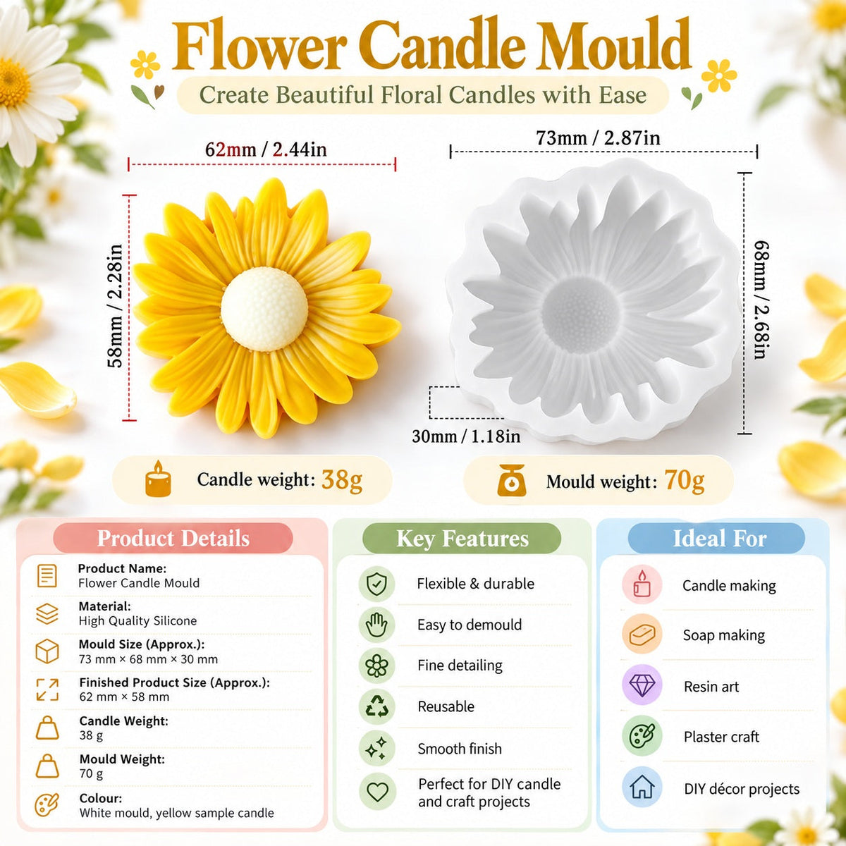 3D Sunflower Candle Silicone Mould – Blooming Sunflower Flower Mould