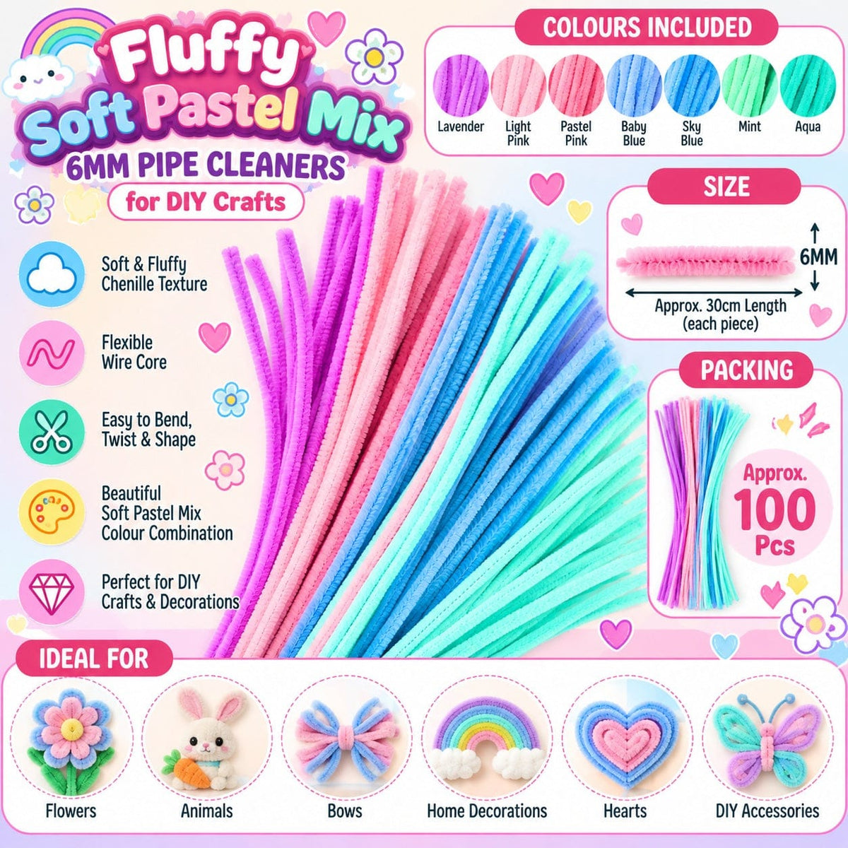 Fluffy Soft Pastel Mix 6MM Pipe Cleaners for DIY Crafts – Pink, Purple, Blue & Aqua | Approx. 100 Pcs