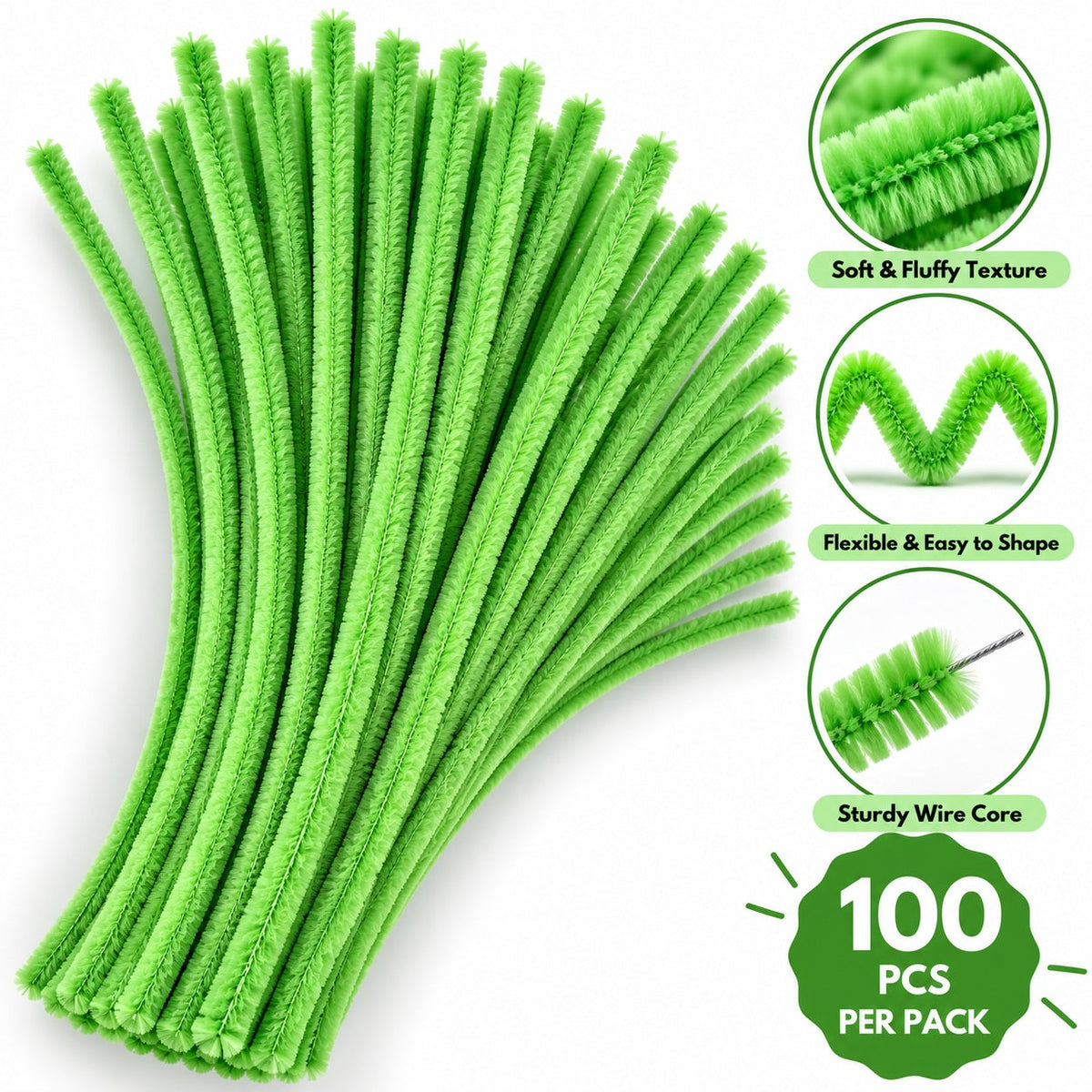Light Green Chenille Pipe Cleaners 10MM – Pack of 100 Pcs