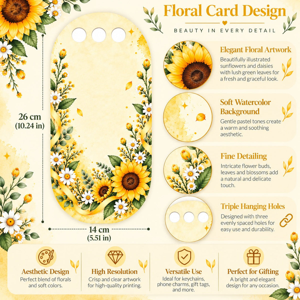Sunflower Meadow Delight Printed Flower Card with Triple Hanging Holes for DIY Bouquets & Gift Packaging