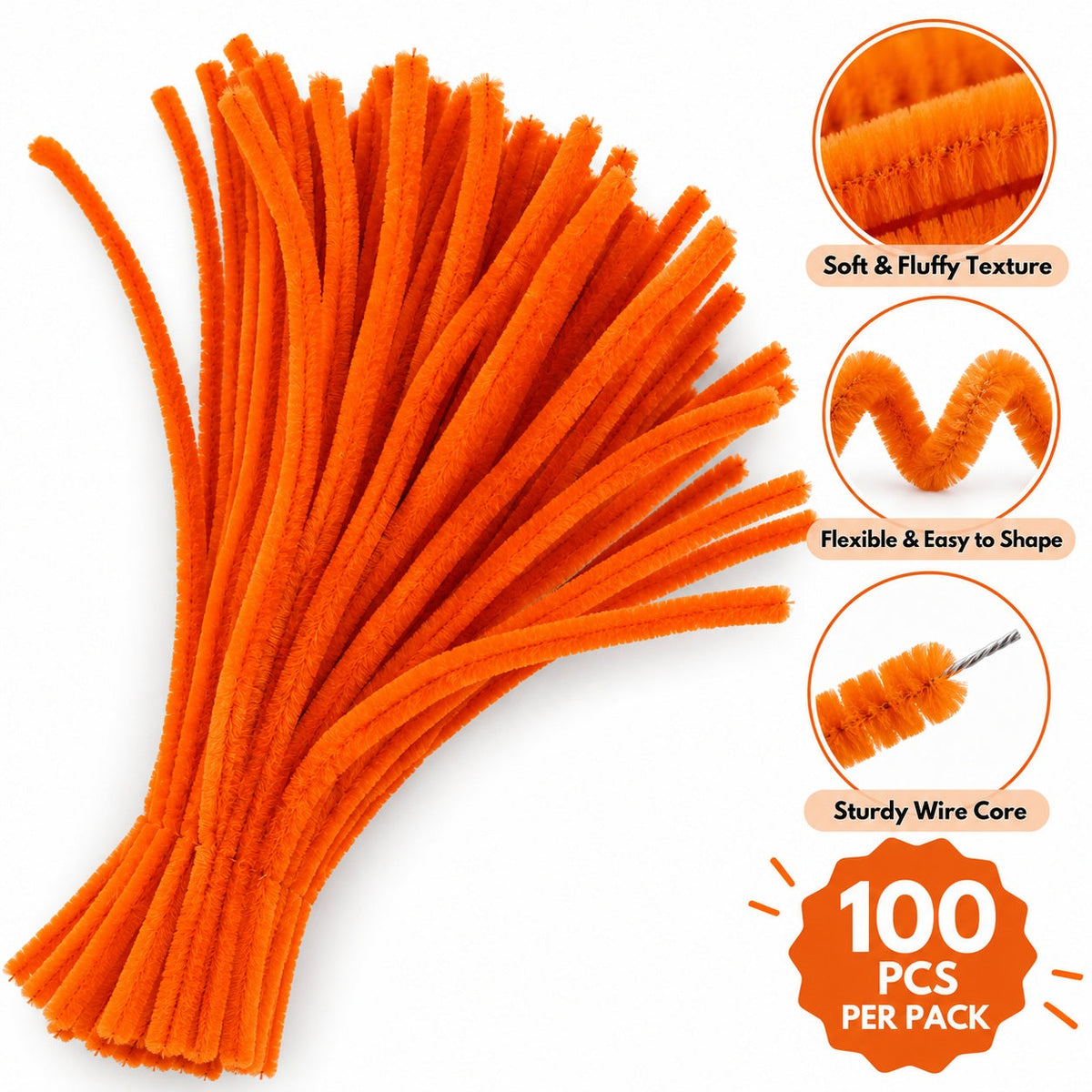 Pumpkin Orange Chenille Pipe Cleaners 10MM – Pack of 100 Pcs
