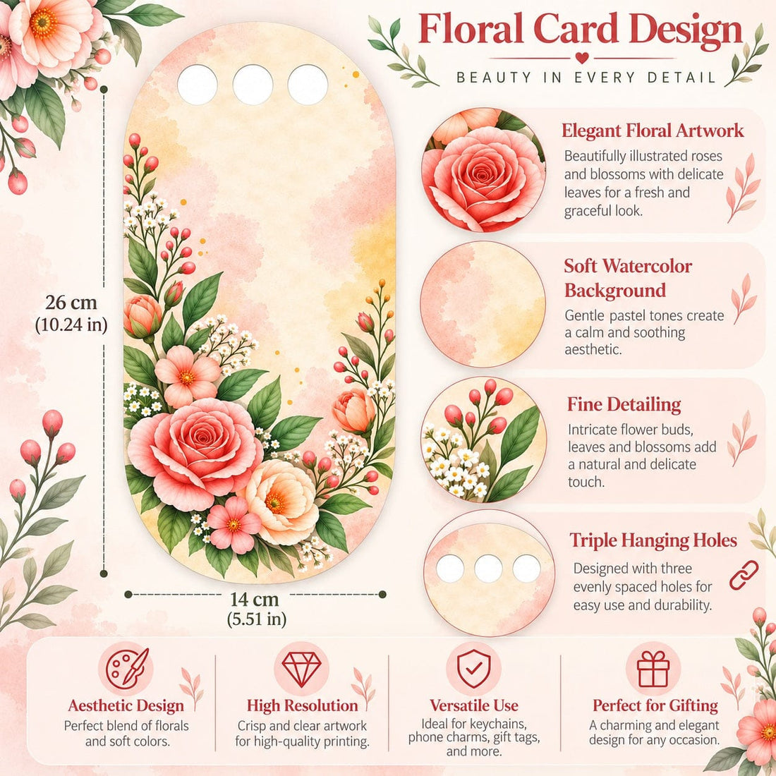 Peach Blossom Romance Printed Flower Card with Triple Hanging Holes for DIY Bouquets & Gift Packaging