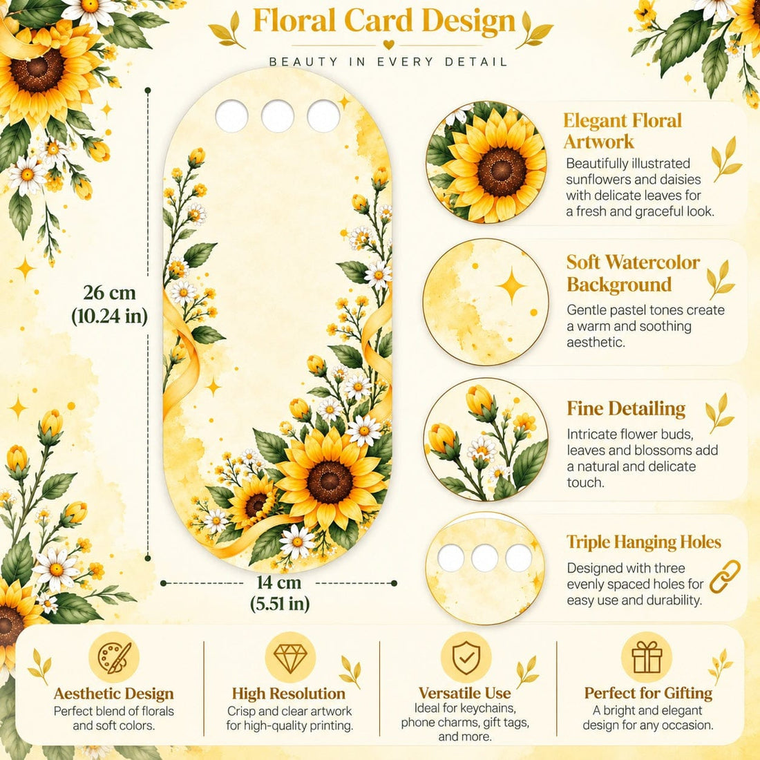 Golden Sunshine Sunflower Printed Flower Card with Triple Hanging Holes for DIY Bouquets & Gift Packaging