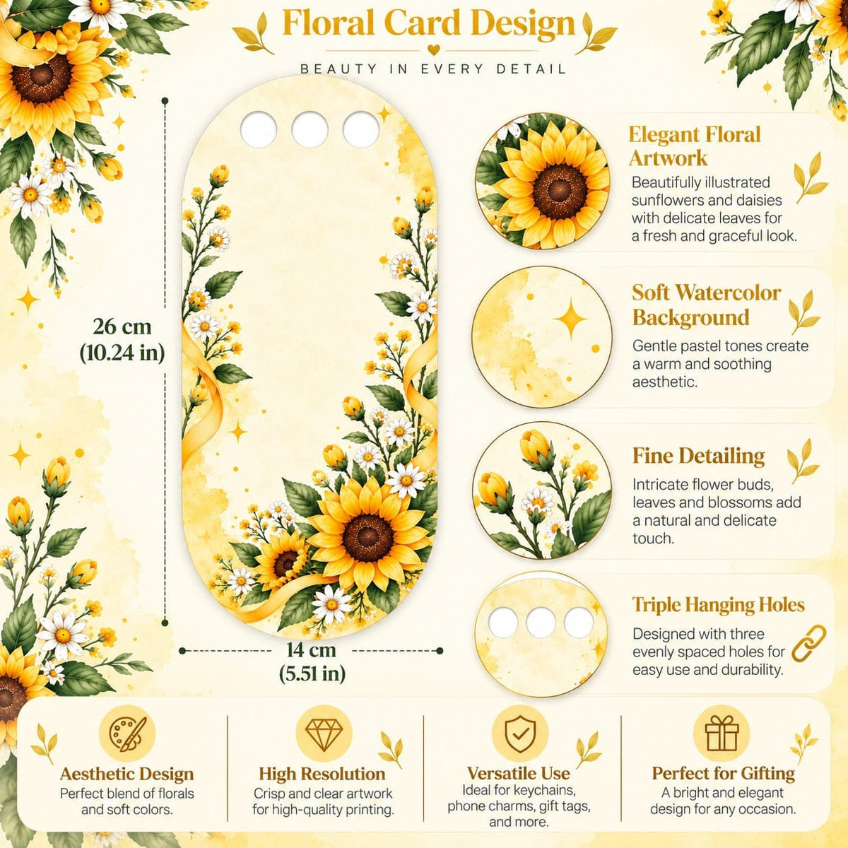 Golden Sunshine Sunflower Printed Flower Card with Triple Hanging Holes for DIY Bouquets & Gift Packaging
