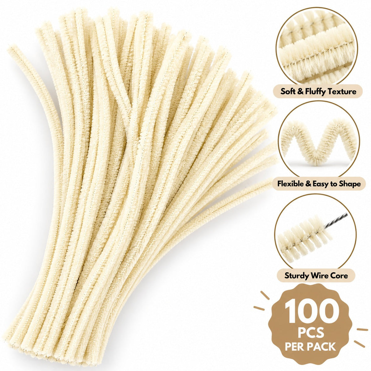 Ivory Chenille Pipe Cleaners 10MM –  Pack of 100 Pcs