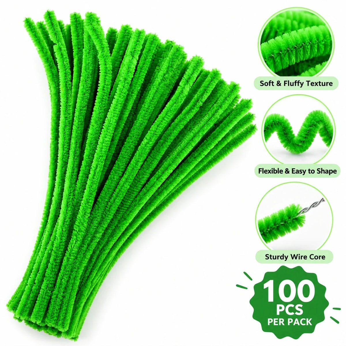 Light Green Chenille Pipe Cleaners 10MM – Pack of 100 Pcs