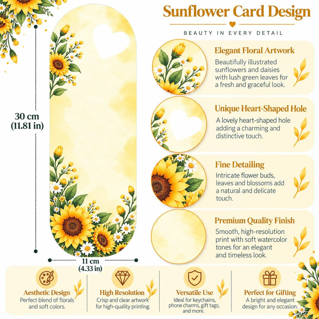 Sunshine Sunflower Meadow Printed Flower Card with Heart Cutout for DIY Crafts & Flower Bouquets