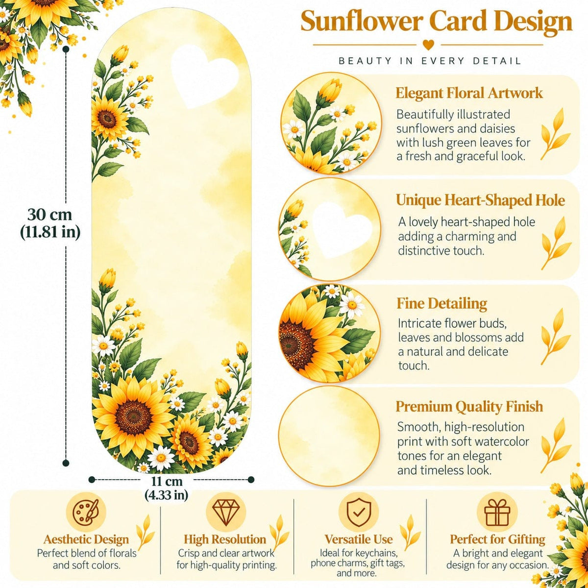 Sunshine Sunflower Meadow Printed Flower Card with Heart Cutout for DIY Crafts & Flower Bouquets