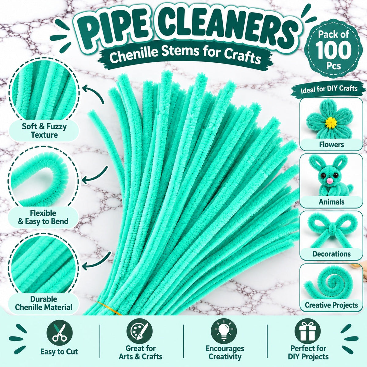 Sea Green Chenille Pipe Cleaners 10MM – Pack of 100 Pcs