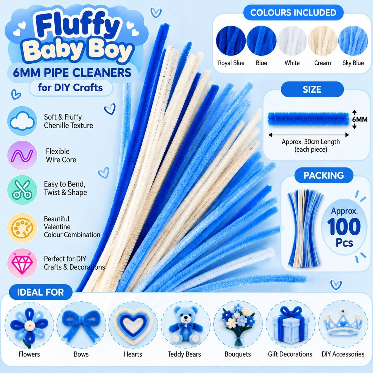 Fluffy Baby Boy Mix 6MM Pipe Cleaners for DIY Crafts – Royal Blue, Sky Blue & White | Approx. 100 Pcs