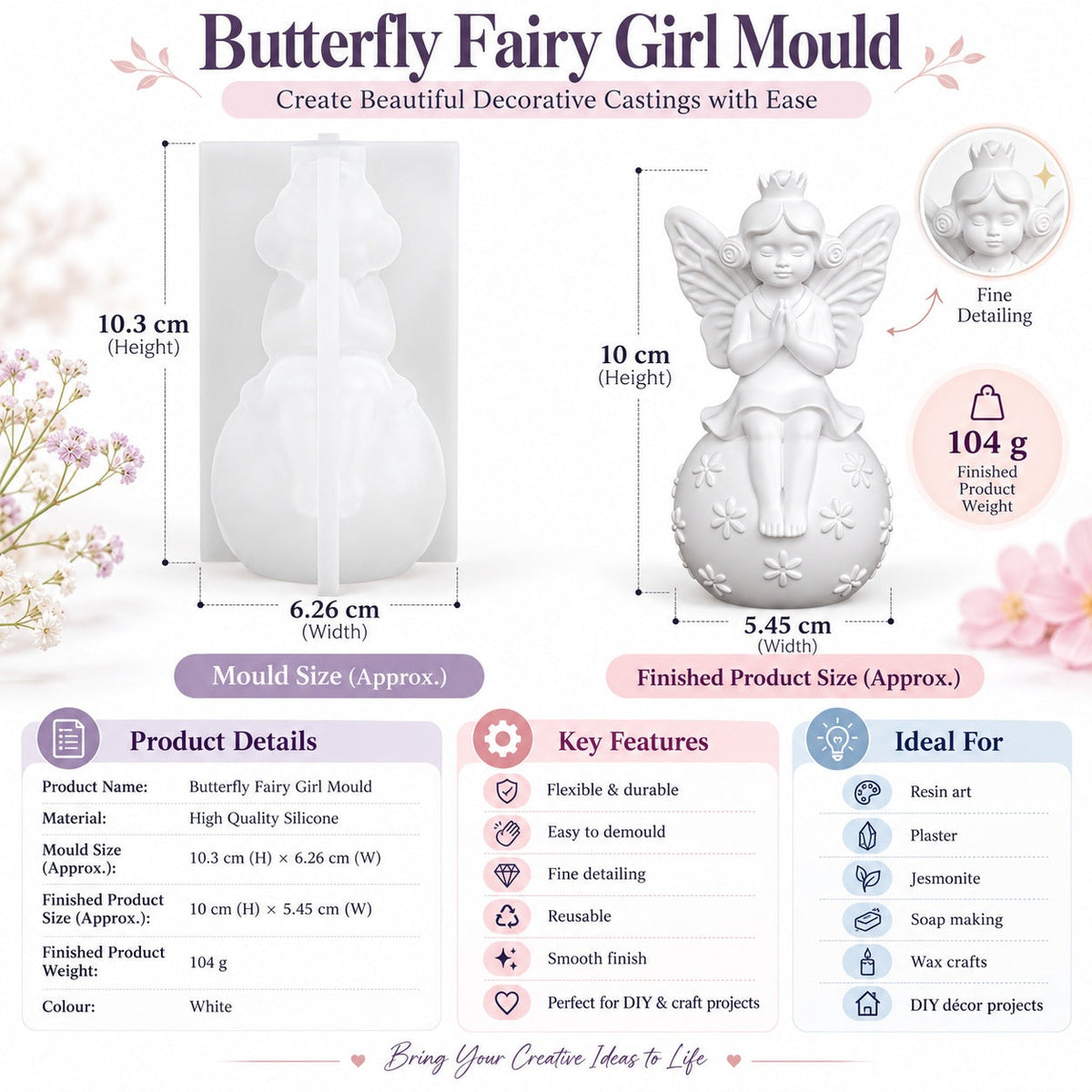 3D Butterfly Fairy Girl Silicone Mould – Sitting Angel Princess with Floral Ball Design