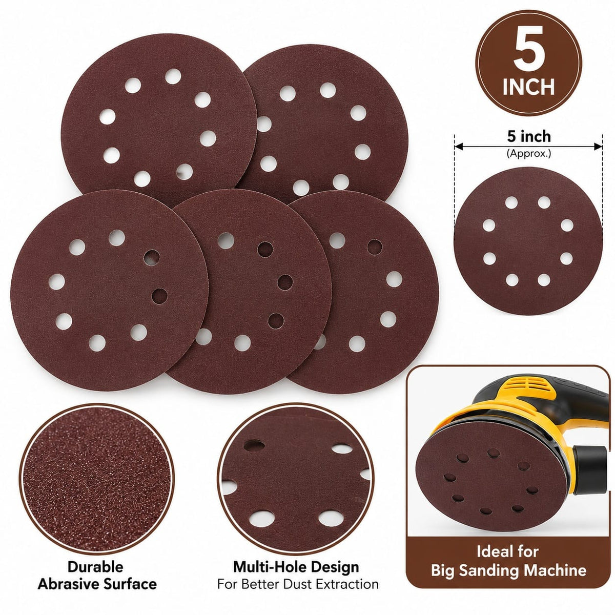 5 Inch Round Sanding Discs with Multi-Hole Design for Big Sanding Machine – Pack of 5 Pcs