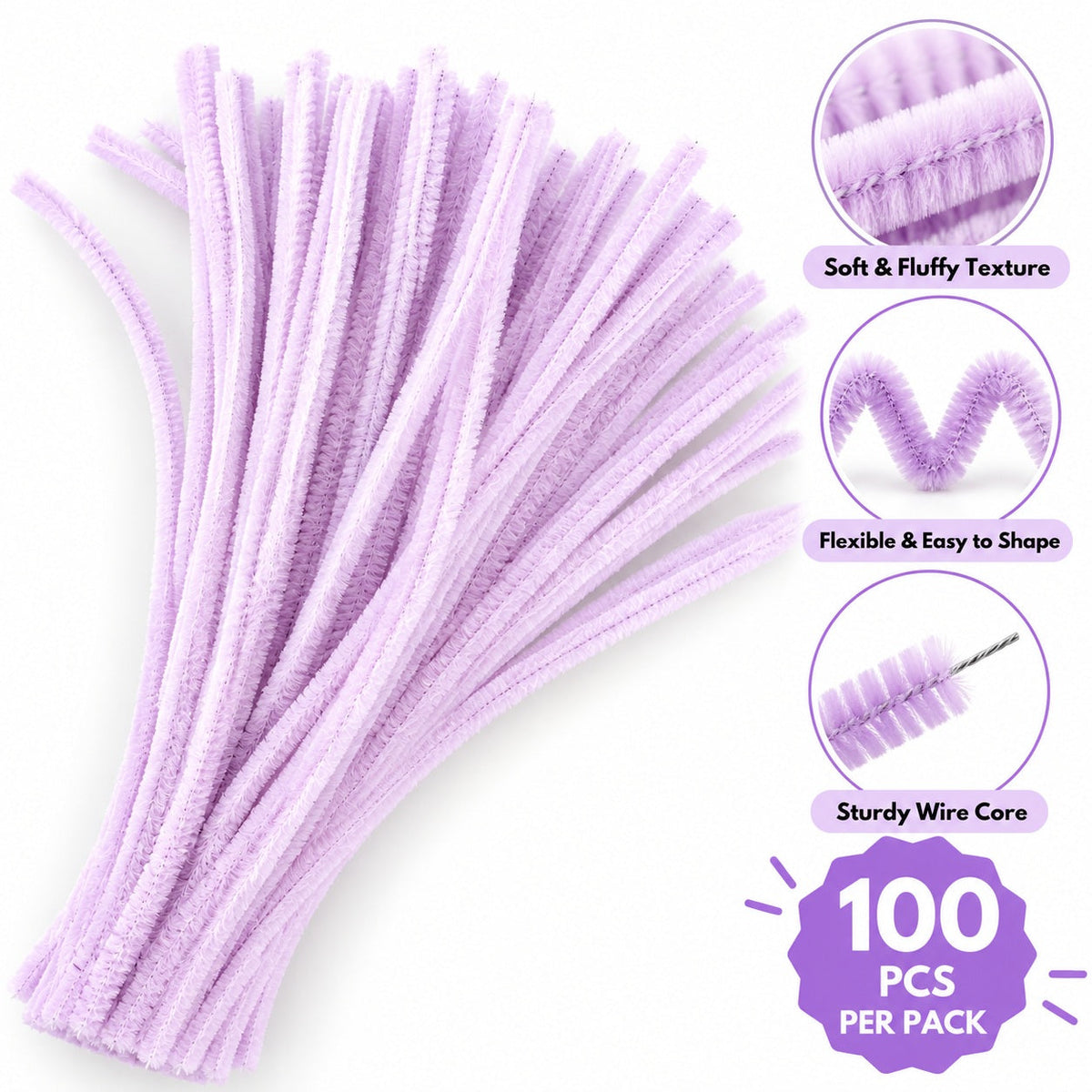 Pastel Lilac Chenille Pipe Cleaners 10MM – Pack of 100 Pcs