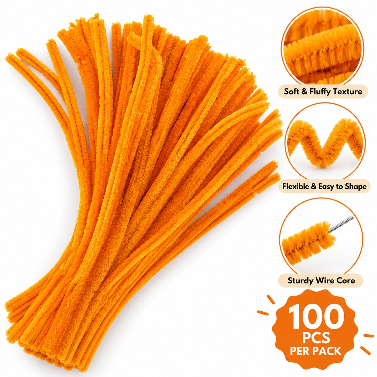 Tangerine Orange Chenille Pipe Cleaners 10MM – Pack of 100 Pcs