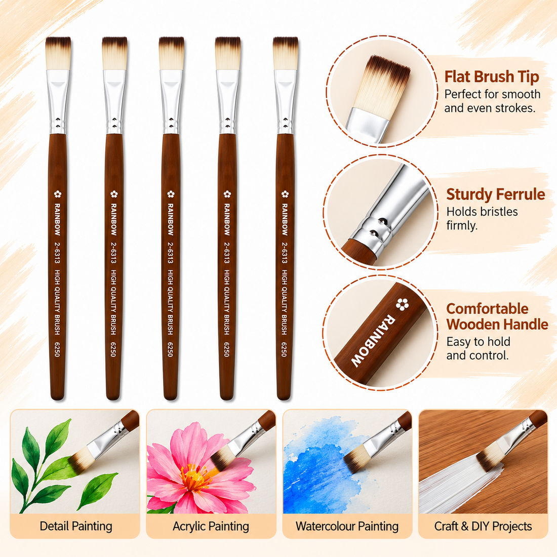 No. 7 Flat Synthetic Hair Paint Brush – Pack Of 5 Pieces SR30207