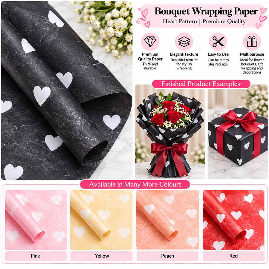 Heart Pattern Flower Wrapping Paper, Crafteria Durable Floral Gift Wrap for Valentine's Day, Anniversaries & Weddings, 56 x 55 cm (Pink) BP017C02