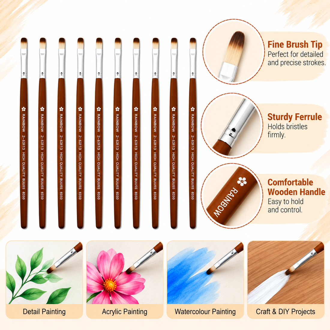 No. 3 Flat Synthetic Hair Paint Brush – Pack Of 10 Pieces SR30203