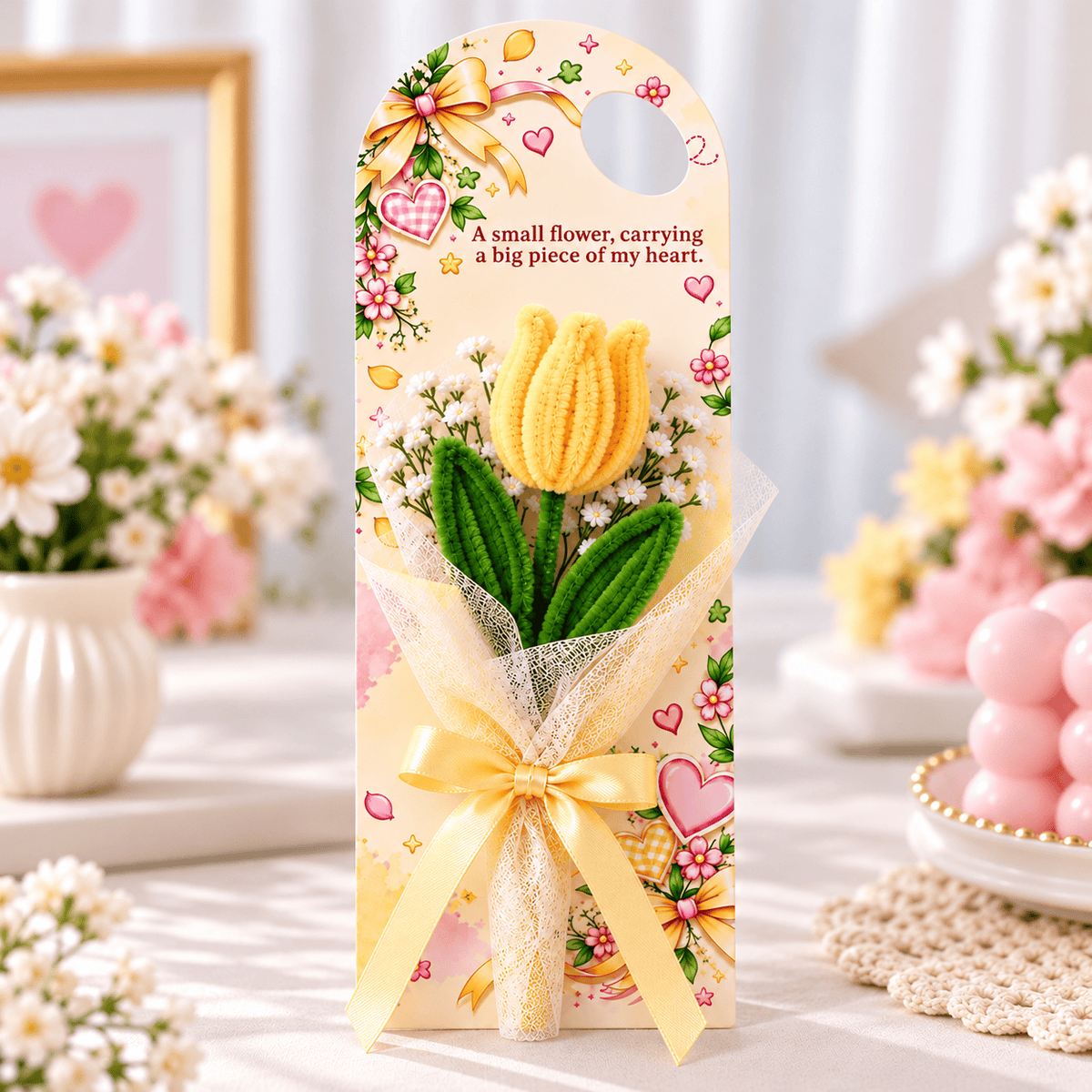 generic Pastel Floral Heart & Bow Printed Bouquet Wrapping Sheet for DIY Crafts & Gift Packaging