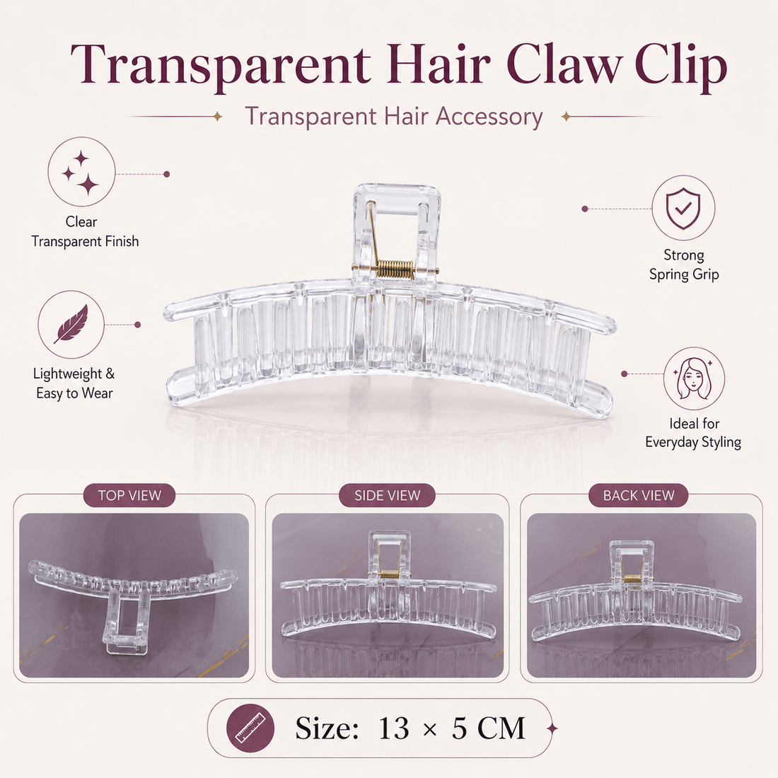 GENERIC Transparent Hair Claw Clip For Decoden Art – 13 × 5 CM  – Pack of 5 Pcs