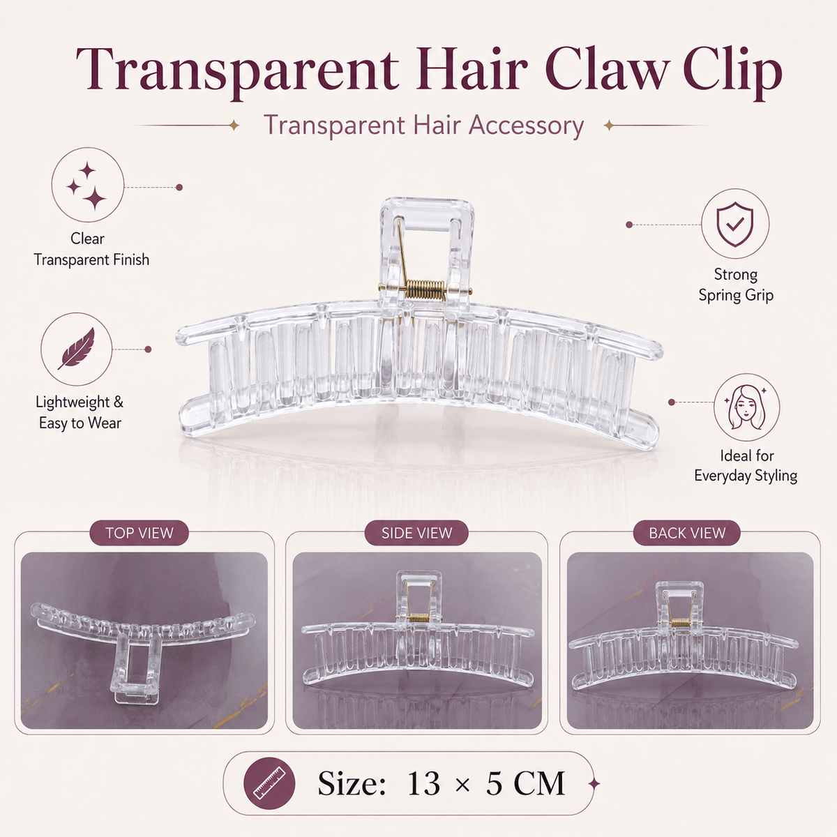 GENERIC Transparent Hair Claw Clip – 13 × 5 CM