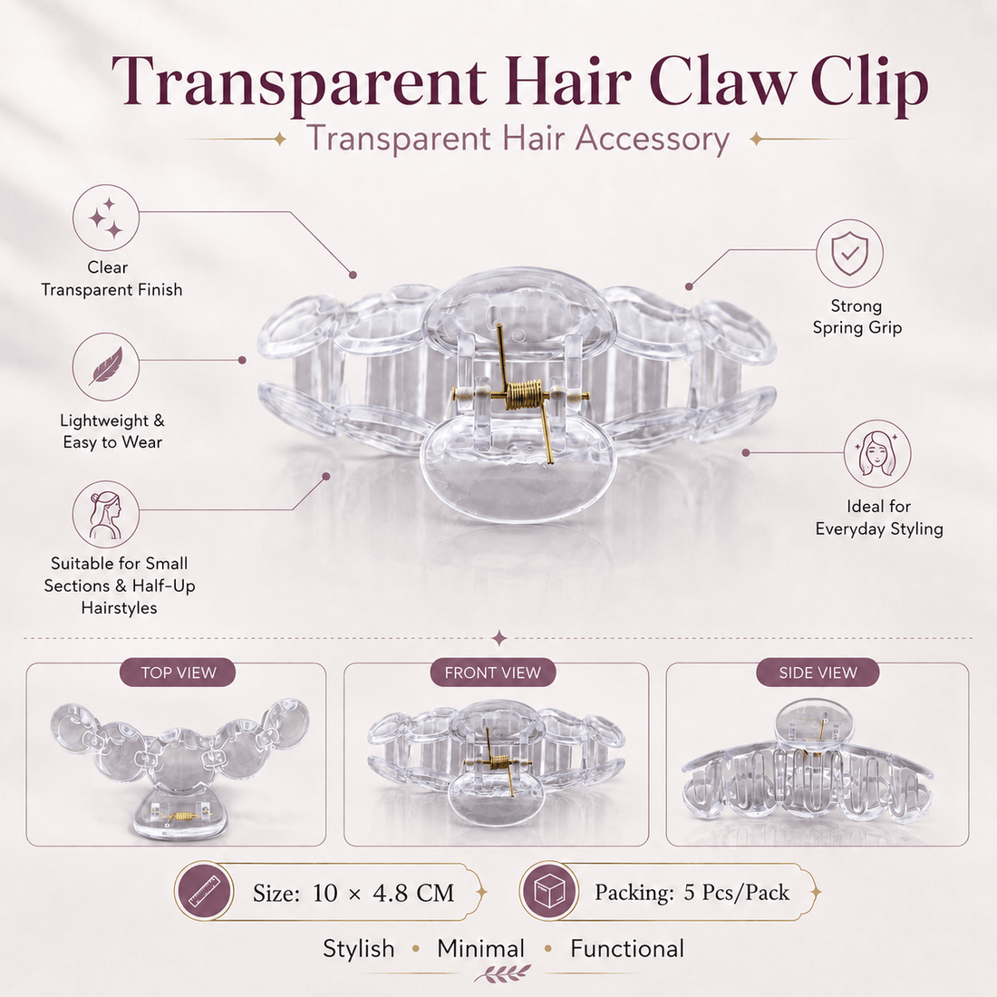 GENERIC Transparent Hair Claw Clip For Decoden Art – 10 × 4.8 CM – Pack of 5 Pcs