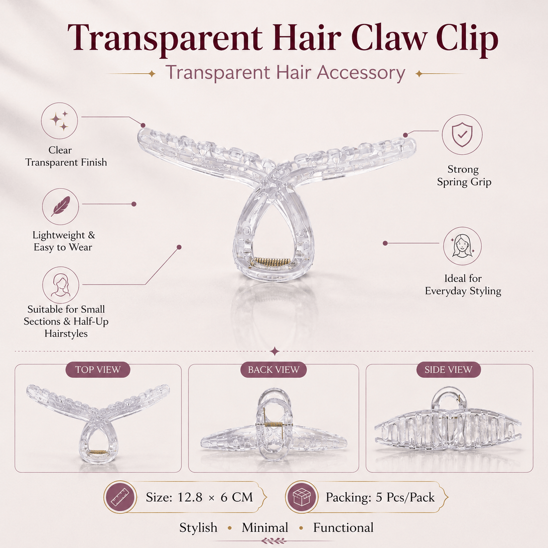 GENERIC Transparent Hair Claw Clip For Decoden Art - 12.8 x 6 CM  – Pack of 5 Pcs