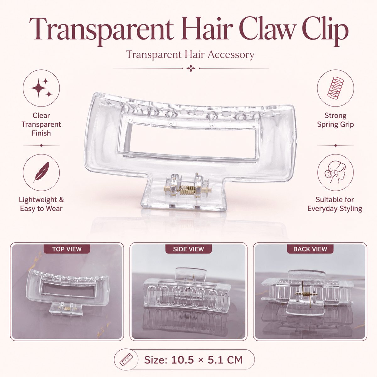 GENERIC Transparent Hair Claw Clip – 10.5 × 5.1 CM – Pack of 5 Pcs