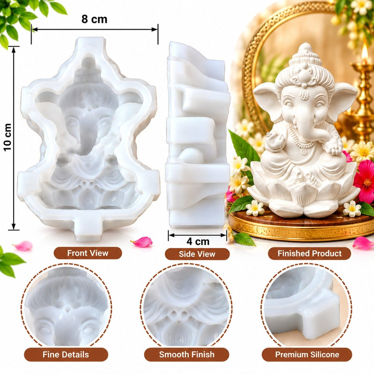 generic 3D Lord Ganesha Sitting on Lotus Silicone Mould for Resin, Concrete & DIY Crafts