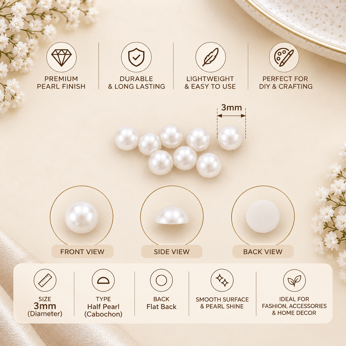 3MM White Half Pearl Moti – Small Round Flat Back Pearl Embellishments for DIY Craft & Decoration | Pack of Approx. 25 GM MT0301