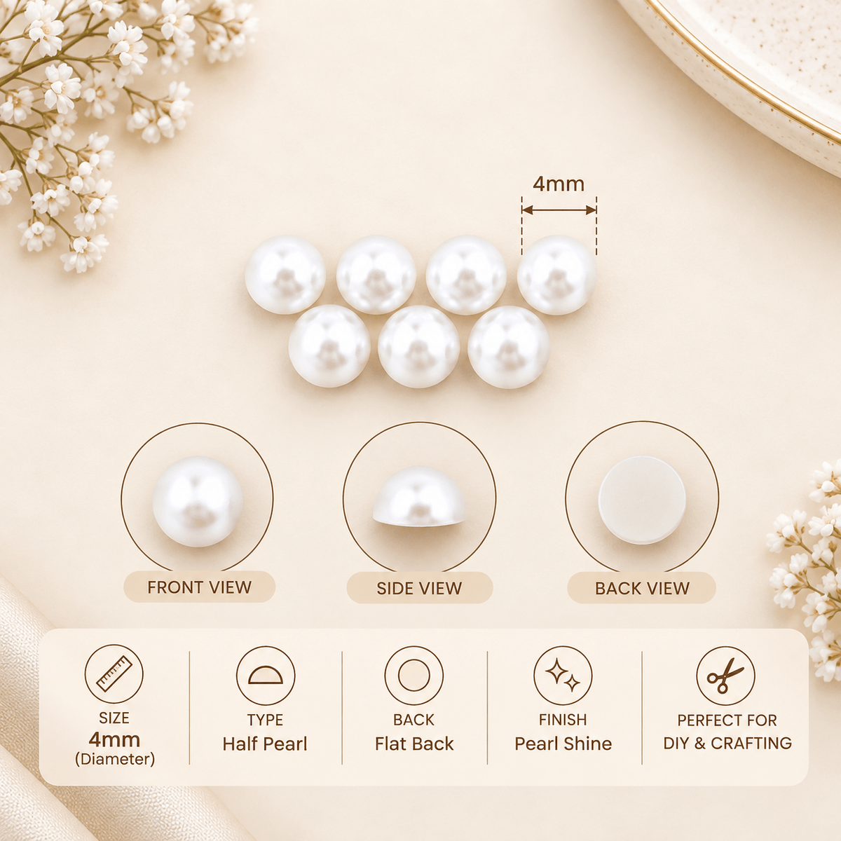 4MM Cream Pearl Moti – Small Round Glossy Craft Pearls for Jewellery Making, DIY & Decoration | Pack of Approx. 25 GM MT0401