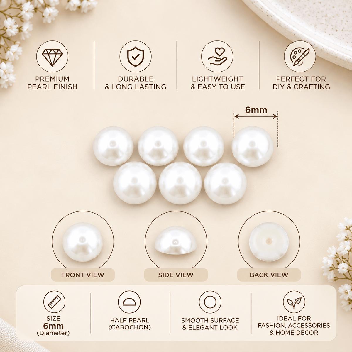 6MM White Pearl Moti – Round Glossy Craft Pearl Beads for Jewellery Making, DIY & Decoration | Pack of Approx. 25 GM MT0602