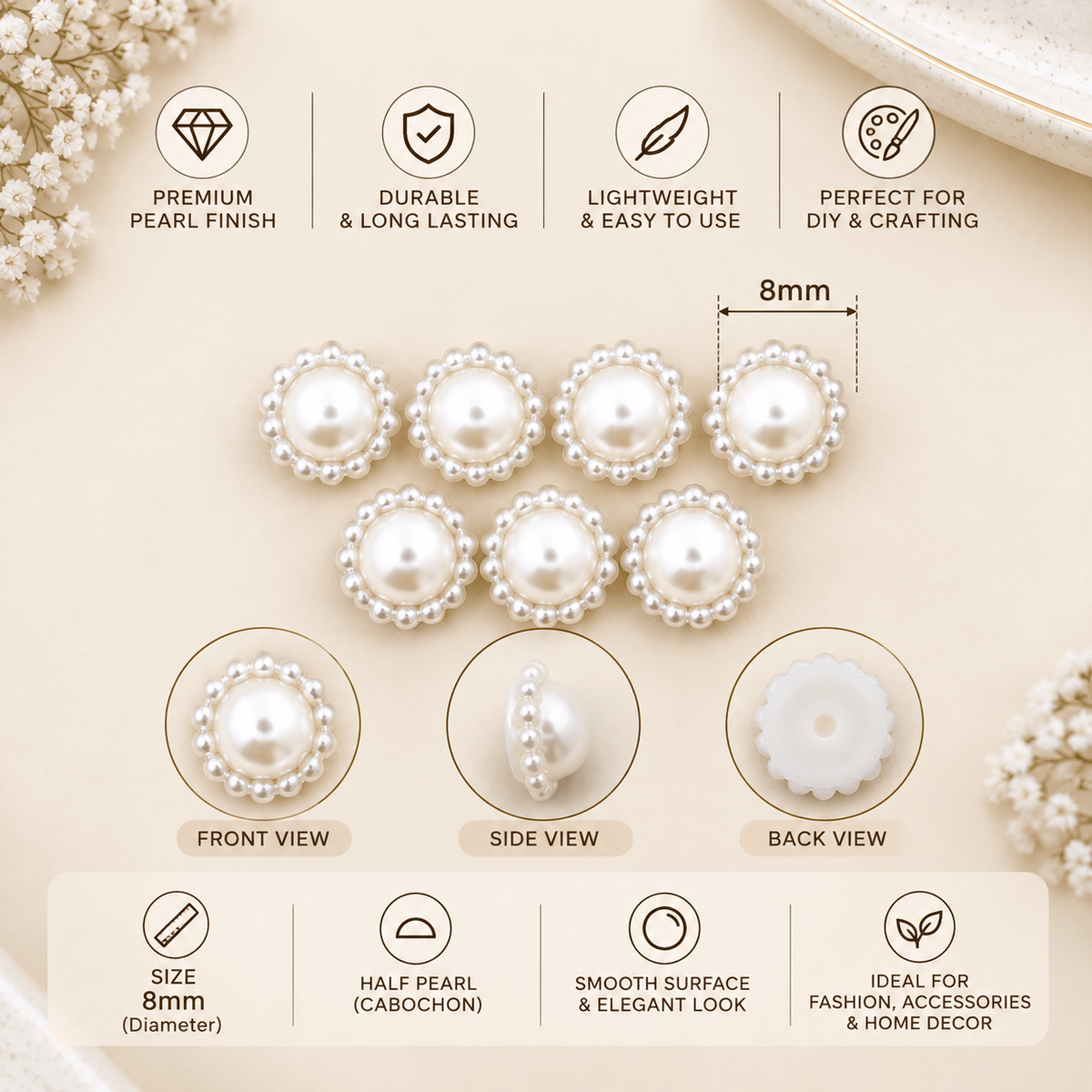 8MM White Half Pearl Cabochon Embellishments – Premium Pearl Finish | DIY Craft & Decoration | Pack of Approx. 25 GM MT0801