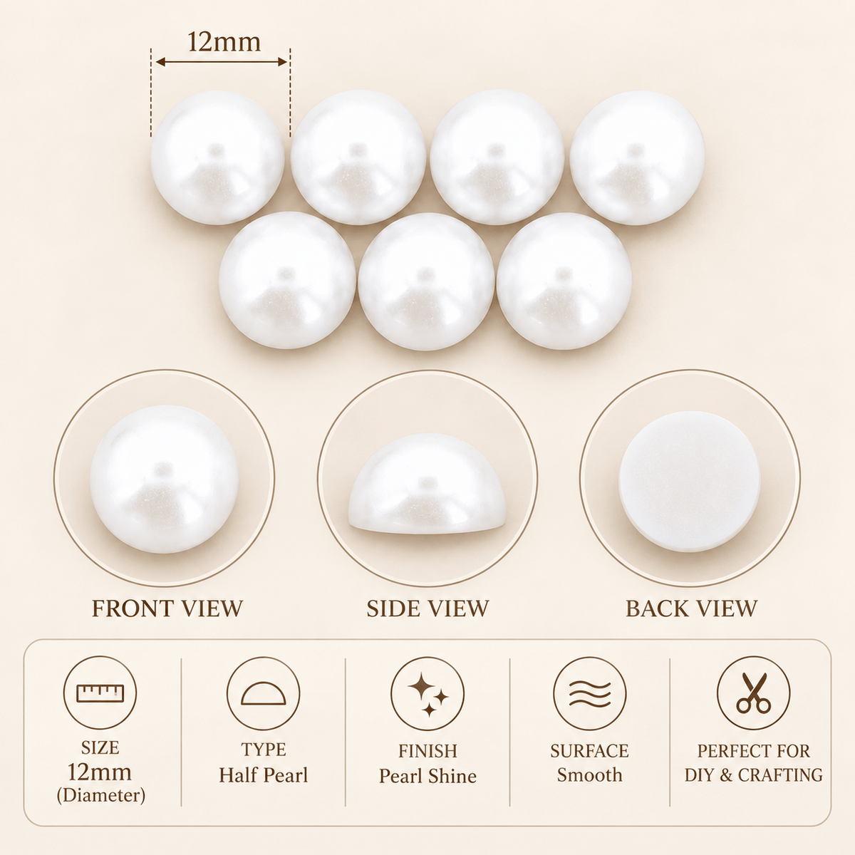 12MM White Pearl Moti – Round Glossy Craft Pearl Beads for Jewellery, DIY & Decoration | Pack of Approx. 25 GM MT1203
