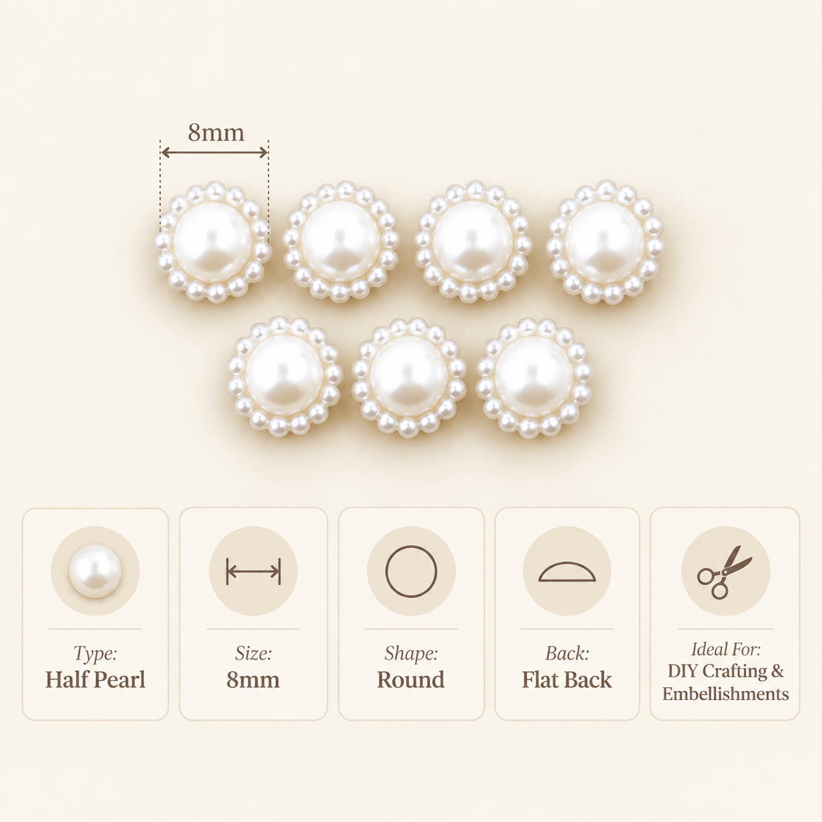 8MM Cream Beaded Border Half Pearl Moti – Decorative Pearl Embellishment for DIY Craft, Jewellery & Accessories | Pack of Approx. 25 GM MTS0801