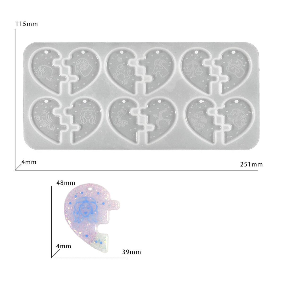 My Store Silicon Mould 12 Cavity Zodiac Heart Keychain & Pendant Mould